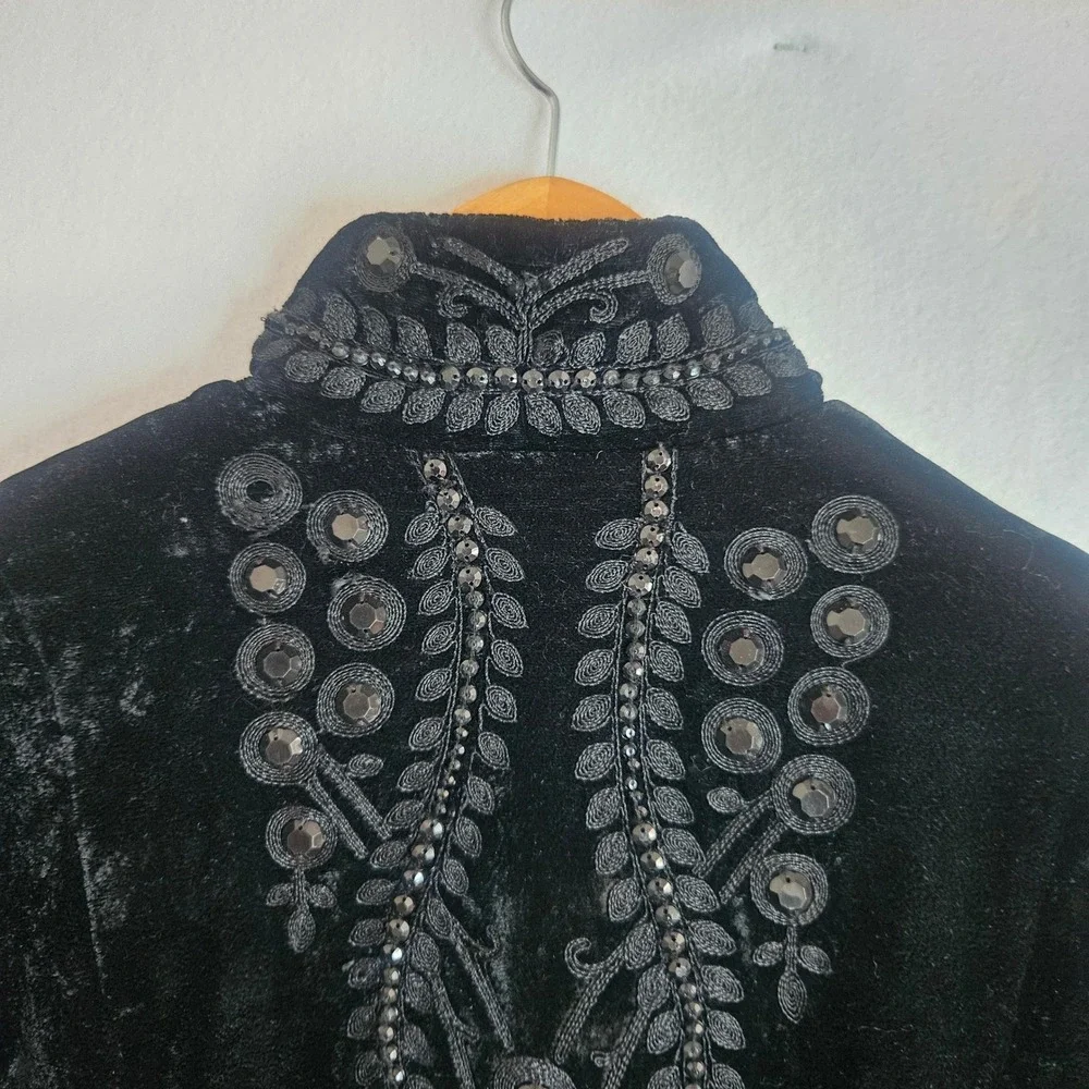 Soft Surroundings Black Velvet Embroidered Duster Coat Jacket Gold Lining Large - Picture 9 of 14